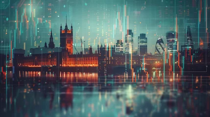 Foto op Canvas London business skyline with stock exchange trading chart double exposure, British UK English trading stock market digital concept © Roman