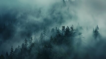 
An ethereal swirl of fog and mist enveloping a forest landscape
