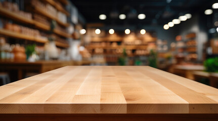 Empty wooden table for product demonstration and presentation on the background of blurred of a supermarket or grocery store - obrazy, fototapety, plakaty