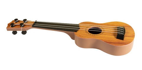 A small wooden guitar with a black neck