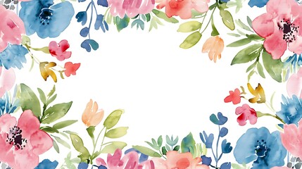 Watercolor botanical border with a mix of blue and pink flowers on a white background, copy space - Powered by Adobe