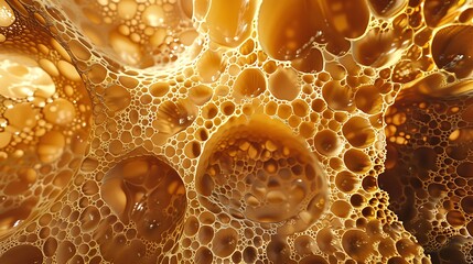 Close-up of a foam structure with a honeycomb pattern in shades of golden brown