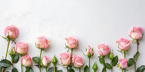 Row of pink roses with stems and leaves against a white textured wall
