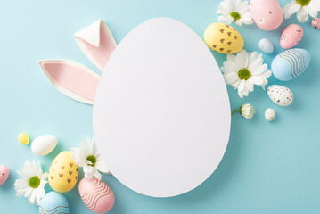 Easter crafting idea: Overhead shot of vibrant eggs, and chamomile flowers on a soft blue backdrop with cute bunny ears peeking over a blank egg-shaped space for messages or ads