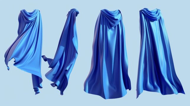This realistic blue cape cloak is floating in air in several positions under wind. The fabric mantle or silk scarf is flowing in the wind. The drapes or curtains have wrinkles that are caused by