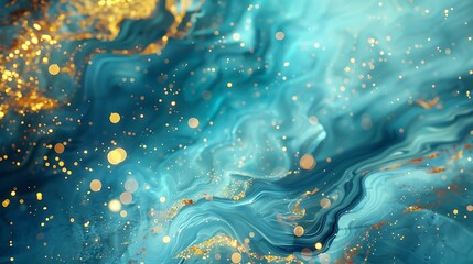 Abstract blue and gold art background with shimmering particles and wavy lines giving a sense of...