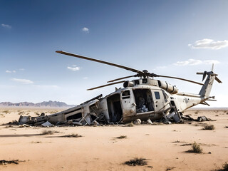 crashed military airforce helicopter or chopped in the middle of the desert for warfare aftermath or mission failure as a wide banner with copy space area design