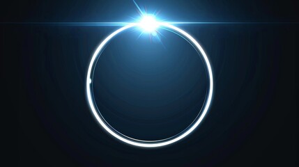 Luminous white neon glowing circle with bright speckles and streaks. Shiny glare ring with rays and highlights.
