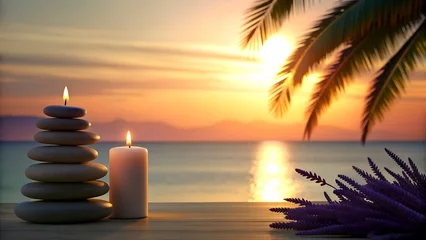  Tranquil Spa Composition with Plumeria Flowers and Candles.Evening warm ocean, palm trees and soft sand. A premium suite with ocean views from the spa.  © sanchezz111