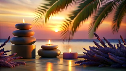 Foto op Aluminium Tranquil Spa Composition with Plumeria Flowers and Candles.Evening warm ocean, palm trees and soft sand. A premium suite with ocean views from the spa.  © sanchezz111