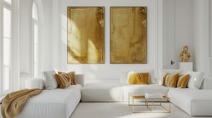A modern lounge area with plush white sofas accented by gold throw blankets and pillows, set against a backdrop of white walls adorned with framed gold artwork, exuding sophistication and style.