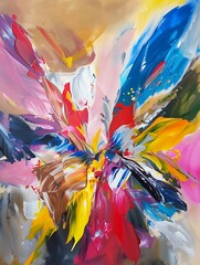 Vibrant abstract painting bursting with dynamic strokes of color on canvas, perfect for artistic...