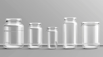 A set of empty transparent containers for preserving food, a kitchen storage canister for jams and pickles, and a mockup of kitchenware on a gray background. Realistic modern illustration of empty