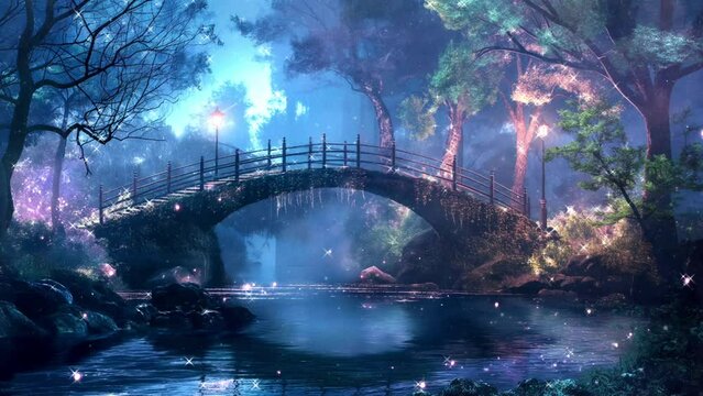 Animation of a digital fantasy view of a wooden bridge with a flowing river at night