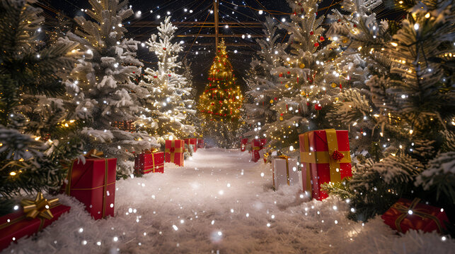 Illuminated Christmas trees with red and golden garland pathway