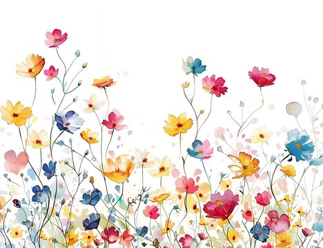 Colorful watercolor flowers blooming on a white background, available for licensing. 