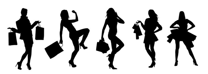 Collection of woman silhouette carrying shopping bags