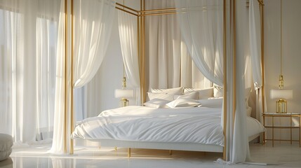 A serene bedroom retreat featuring a white and gold canopy bed draped in sheer white curtains, accented by gold bedside lamps and decorative throw pillows.