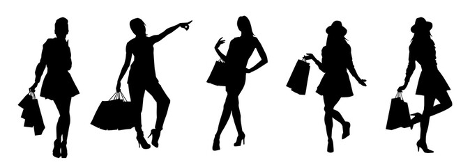 Collection of woman silhouette carrying shopping bags