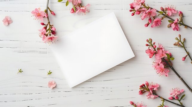 a blank open notebook surrounded by pink cherry blossom branches on a white wooden background, suggesting a springtime theme