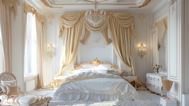 A serene bedroom retreat with white walls and bedding, complemented by gold drapes and a decorative gold canopy above the bed, creating a luxurious and inviting atmosphere for relaxation.