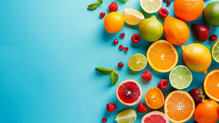 Mix of different fruits and berries, on blue background flat lay, top view
