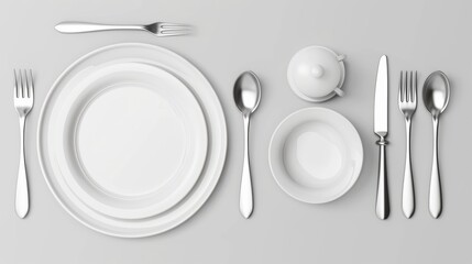 3D plate with cutlery. Modern illustration of realistic dinnerware set - two white porcelain platters, knives, forks, and spoons for different foods.