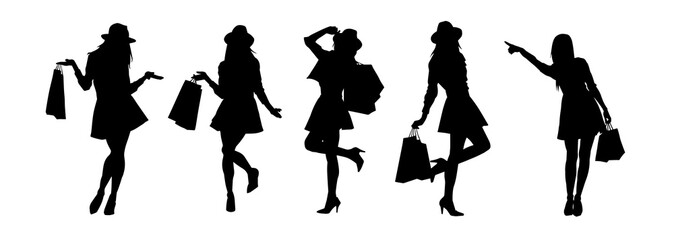 Collection of woman silhouette carrying shopping bags