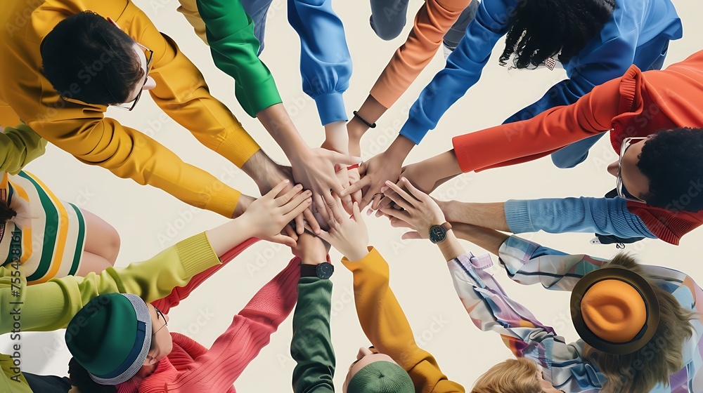 Wall mural a diverse group of people in colorful clothing join hands together in a symbol of unity and teamwork