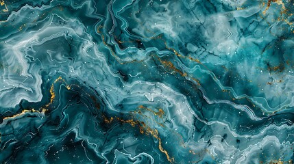 Fototapeta na wymiar An abstract marble-like pattern with swirls of rich teal and lighter hues, interlaced with streaks of gold, creating a luxurious, fluid appearance reminiscent of the ocean.