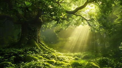 Enchanting forest scene with sunbeams piercing through the foliage and illuminating the lush greenery and moss-covered ground. 