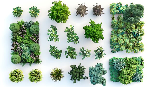 Top view of various green plants and shrubs on a white background for garden design or architectural renderings 