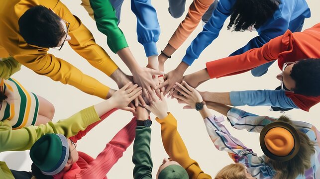 A diverse group of people in colorful clothing join hands together in a symbol of unity and teamwork against a neutral background. 