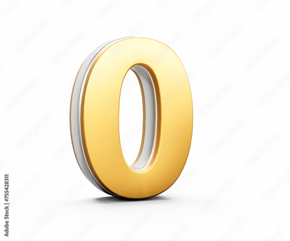Fototapete 3d golden shiny 0 zero digit 3d zero number isolated on white background 3d illustration