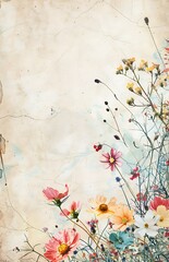 a vintage-inspired botanical illustration with a variety of colorful wildflowers against an aged, parchment paper background, evoking a nostalgic and romantic feel.