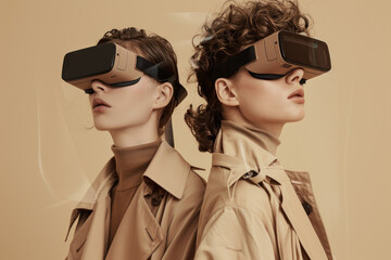 Profile perspective of two fashionable individuals with VR equipment on a monochromatic background