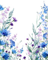 Fototapeta na wymiar delicate watercolor floral arrangement with shades of blue and purple flowers against a white background, ideal for a soft and elegant design