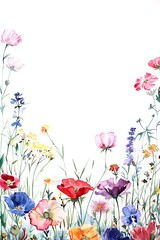 Obraz na płótnie Canvas A watercolor floral frame of brightly colored flowers and foliage, valentine's day, easter, birthday, happy women's day, mother's day, copy space