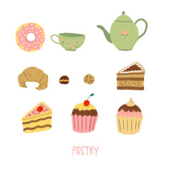 Set of sweets. Hand drawn painted objects isolated on white background: candy, fruit, berry, cupcakes, chocolate, cookie