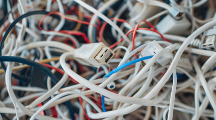 A background of a bunch of wires are tangled together. The wires are white and blue