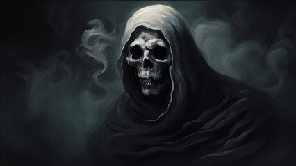 A hooded skull on a dark background with smoke.