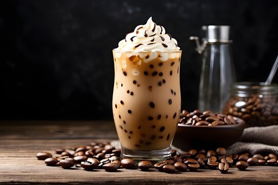 Iced coffee with cream and beans on a rustic wooden table Cold drink on black background with space for text Copy space image Place for adding text Generative AI