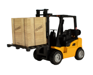 A forklift is lifting a box that says fragile