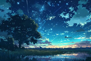 Anime style Night Sky Over Calm Lake