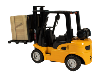 A forklift is lifting a box that says fragile