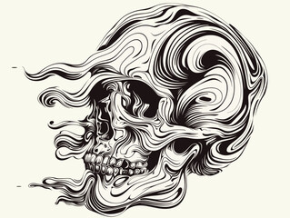 Detailed Monochrome Graphic Skull with Swirling Colors and Flowing Lines, Svg Vector Clipart