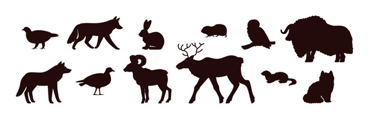 Wild animal of the tundra and taiga fauna vector illustrations set, Arctic hairy animals and birds black silhouette