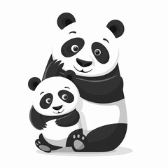Adorable Mother Panda and Baby in Cute Flat Icon Illustration on White Background, Svg Vector Clipart