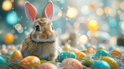 Fototapeta na wymiar Cartoon 3D cute bunny with Easter eggs