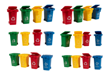 Four plastic bins with different colors and labels for recycling